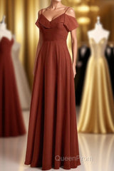 Rust Orange Chiffon Straps Ruffled A-Line Bridesmaid Dresses