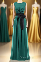 Hunter Green Crew Neck Belted Long Bridesmaid Dresses