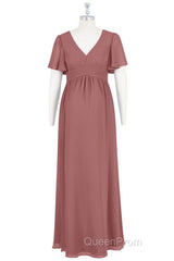 Brown V-Neck High-Waist Long Maternity Bridesmaid Dresses