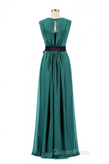Hunter Green Crew Neck Belted Long Bridesmaid Dresses