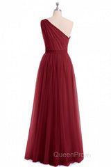 Wine Red Tulle One-Shoulder A-Line Bridesmaid Dresses