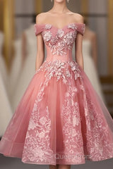 Pink Tulle Lace Off Shoulder Short Evening Prom Dresses, Pink Homecoming Dresses
