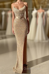 Strapless Sweetheart Mermaid Evening Prom Dresses with Long Beads and Sequins
