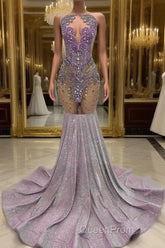 Purple Mermaid Evening Prom Dresses Sleeveless with Long Beadings