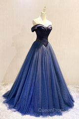 A-Line Tulle Beading Long Evening Prom Dresses, Off the Shoulder Evening Dresses