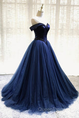 A-Line Tulle Beading Long Evening Prom Dresses, Off the Shoulder Evening Dresses