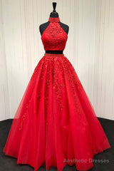 Elegant High Neck Two Piece Red Long Prom Dress