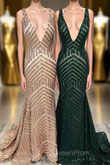 Sparkle Sequins V-Neck Mermaid Long Evening Prom Dresses