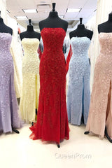Strapless Light Blue Lace Long Evening Prom Dresses with Slit