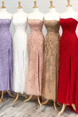 Strapless Light Blue Lace Long Evening Prom Dresses with Slit