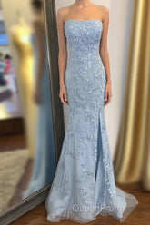 Strapless Light Blue Lace Long Evening Prom Dresses with Slit