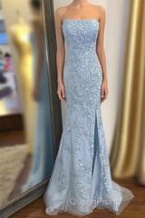 Strapless Light Blue Lace Long Evening Prom Dresses with Slit