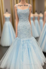 Straps Mermaid Light Blue Lace Appliqued Long Evening Prom Dresses
