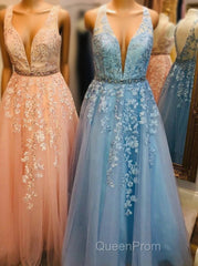 Elegant V Neck Appliques A-Line Long Tulle Evening Prom Dresses