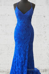 Elegant Lace-up Back Mermaid Royal Blue Long Lace Prom Dress