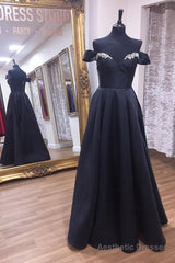 Off Shoulder A-Line Black Long Prom Dress with Beading Top