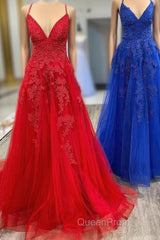 Elegant V Neck A-Line Red Appliqued Long Evening Prom Dresses