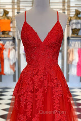 Elegant V Neck A-Line Red Appliqued Long Evening Prom Dresses