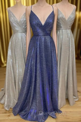 Sparkly V Neck Straps A-Line Long Evening Prom Dresses