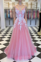 Elegant V Neck Lace-Up Back Pink Long Evening Prom Dresses with Appliques