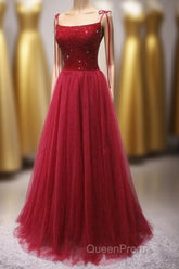 Straps Red Long Evening Prom Dresses with Beaded Bodice