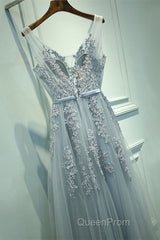 A-line Tulle Grey Long Evening Prom Dresses