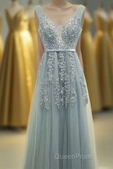 A-line Tulle Grey Long Evening Prom Dresses