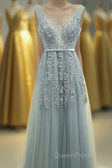 A-line Tulle Grey Long Evening Prom Dresses