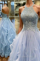 Elegant A-Line Halter Appliques Light Blue Evening Prom Dresses