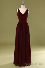 Sheath V Neck Burgundy Bridesmaid Dress with Lace Back