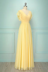 Elegant V Neck Pleated Yellow Bridesmaid Dress with Ruffles