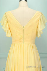 Elegant V Neck Pleated Yellow Bridesmaid Dress with Ruffles