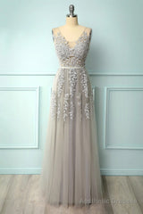 A-line Low V-Back Grey Bridesmaid Dress with Lace