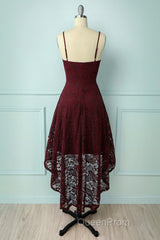 Spaghetti Strap High-Low Burgundy Lace Bridesmaid Dresses