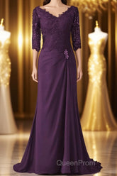 V-Neck Half Sleeve Plum Mother of Bridal Dresses