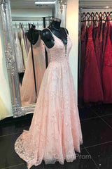 Deeep V-neck Embroidery Pink Long Evening Prom Dresses