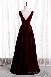 Burgundy V-Neck Velvet Formal Dress