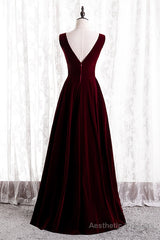 Burgundy V-Neck Velvet Formal Dress