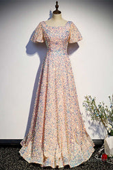 A-Line Sequined Pink Long Prom Dress