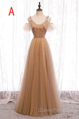 A-Line Beaded Champagne Tulle Bridesmaid Dresses