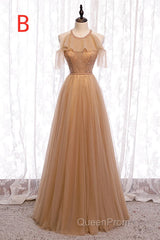 A-Line Beaded Champagne Tulle Bridesmaid Dresses