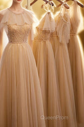 A-Line Beaded Champagne Tulle Bridesmaid Dresses