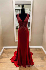 Mermaid Sleeveless Red Lace Prom Dress