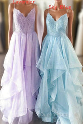 Elegant Light Blue Ruffled Tulle Evening Prom Dresses
