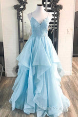 Elegant Light Blue Ruffled Tulle Evening Prom Dresses