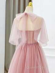 Pink Tulle Tea Length Evening Prom Dresses, Pink Tulle Formal Dresses
