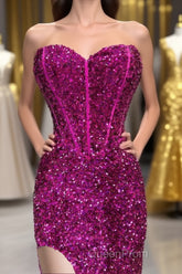 Fuchsia Sequin Strapless Mermaid Long Evening Prom Dresses with Slit