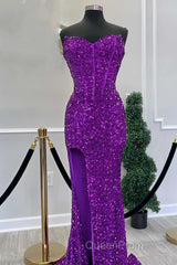Fuchsia Sequin Strapless Mermaid Long Evening Prom Dresses with Slit