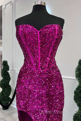 Fuchsia Sequin Strapless Mermaid Long Evening Prom Dresses with Slit