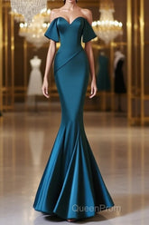 Simple Off Shoulder Satin Ink Blue Long Evening Prom Dresses, Ink Blue Long Formal Dresses